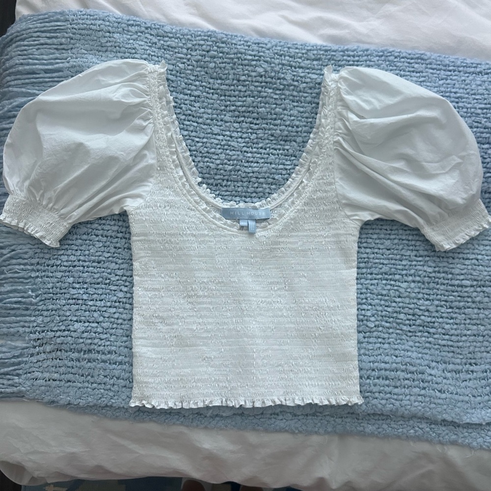 Hill House White Puff-Sleeve Smocked Crop Top